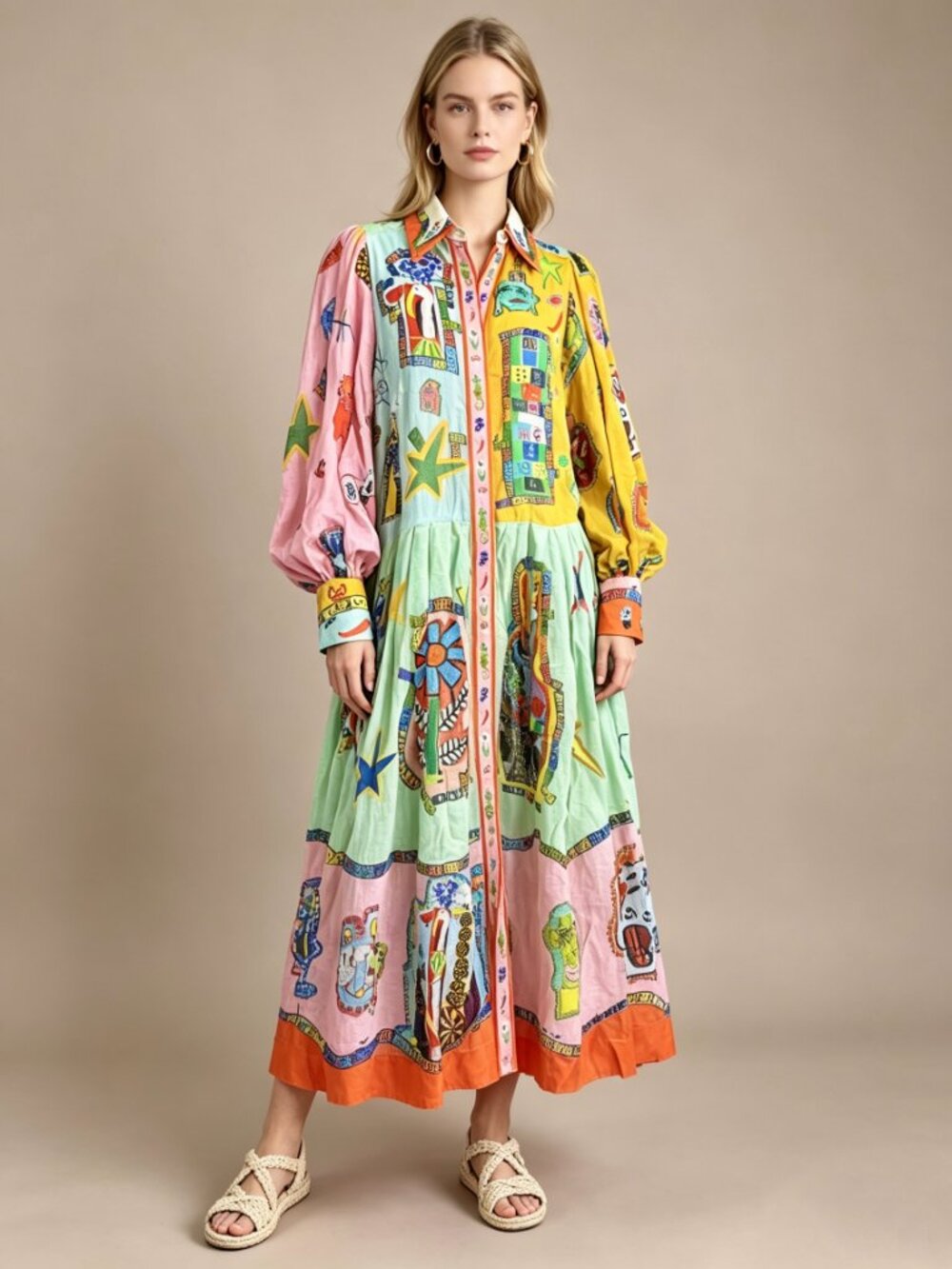 NWOT ALÉMAIS Ramie Balloon Sleeve Pleated Maxi Shirt Dress Long Sleeves Sz 8